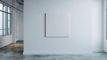 Modern art gallery is showing a white canvas hanging on a white wall illuminated by natural light photo