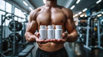 Bodybuilder holds three white supplement containers in the gym post-workout photo