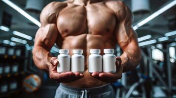 Muscular athlete holds four white supplement bottles in the gym while focusing on his fitness photo