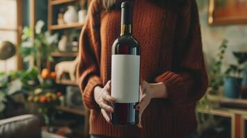 Woman holding a bottle of red wine with blank label, perfect for showcasing your wine brand or label design photo