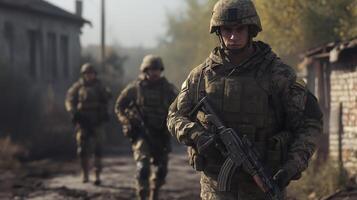 Soldiers bravely patrol a war-torn battlefield, armed with rifles and surrounded by smoke and dust, showing courage and patriotism in the midst of battle photo