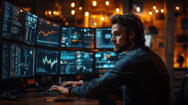 Late night financial analyst analyzing charts and data on multiple computer monitors photo
