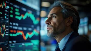 Seasoned stock trader is in his office, analyzing real-time stock market data on several monitors photo