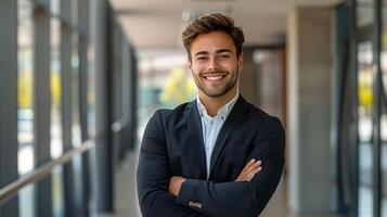 Young businessman is smiling with his arms crossed in a modern office building photo