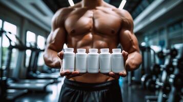 Bodybuilder is holding five white supplement bottles in a gym, promoting a healthy lifestyle photo