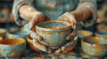 Potter holding a freshly glazed ceramic bowl surrounded by other bowls at different stages of completion photo
