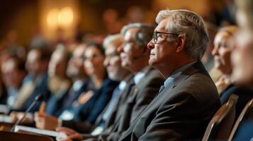 Audience members are engaged in a presentation by a speaker during a corporate event photo