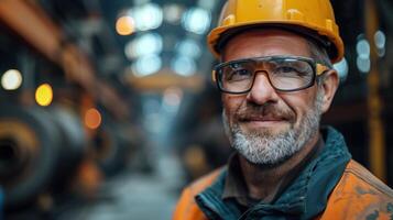 Proud industrial worker wearing safety gear in factory, beaming surrounded by machinery, demonstrating dedication and skill in metal industry photo