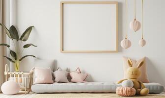 Contemporary playroom design with an empty frame mockup above a grey daybed, pillows, a plant in a basket, a stuffed bunny, and three hanging lights photo