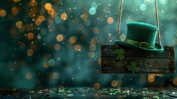 St. Patrick's day-themed wooden sign with leprechaun hat and shamrocks on sparkling green background photo