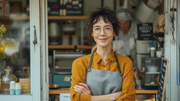 Smiling small business owner stands with arms crossed in front of her shop, wearing an apron photo