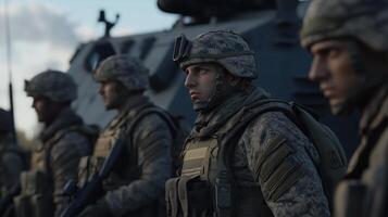 Soldiers in camouflage uniforms and helmets standing by military vehicle photo