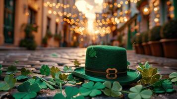 Green leprechaun hat is lying on cobblestones with shamrocks for st patrick's day celebration photo