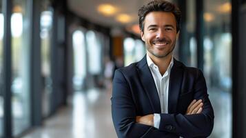 Business professional stands in the lobby of his office building, smiling with his arms crossed photo