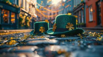 Two leprechaun hats are lying on the cobblestone street of a city decorated with lights for saint patrick's day photo