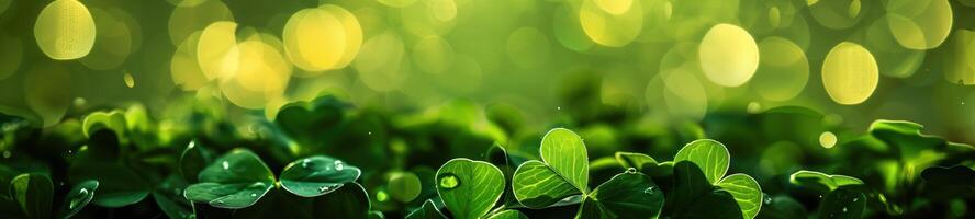Green clover leaves with dew drops are sparkling in the sun on a blurred background with bokeh photo