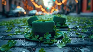 Leprechaun hats adorned with shamrocks resting on deserted city cobblestones for st. Patrick's day festivities photo