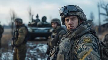 Ukrainian soldier stands in front of a military vehicle with fellow soldiers in the background photo