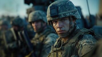 Modern soldiers in camouflage gear, bulletproof vests, and helmets gearing up for combat photo