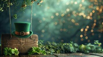 Leprechaun hat on a swing with shamrocks and bokeh background, a festive scene for st. Patrick's day photo