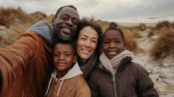 Happy family in cozy winter attire captures a selfie on a chilly and overcast day by the beach photo