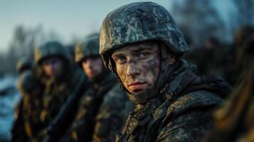 Soldiers in camouflage uniforms stand in a forest during a military mission photo