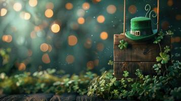 Leprechaun hat hanging on weathered wooden sign with shamrocks and magical sparkling background photo
