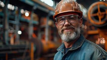 Factory worker in safety gear and a hard hat smiles as they work in an industrial setting photo