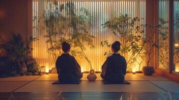 Two people meditating in a traditional japanese house, with plants and warm light creating a peaceful and serene atmosphere photo