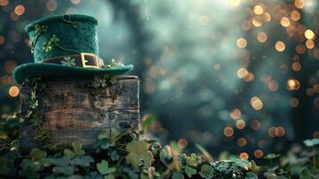 Leprechaun hat is resting on a mossy trunk surrounded by shamrocks in a magical forest with sparkling bokeh photo