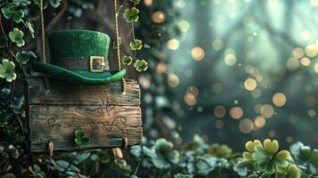 St. Patrick's day a magical forest scene with a leprechaun hat hanging from a wooden sign, surrounded by shamrocks photo