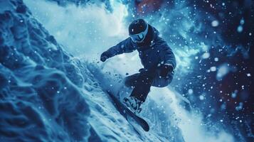 Snowboarder is carving down a mountainside at night, illuminated by the moon and snow photo