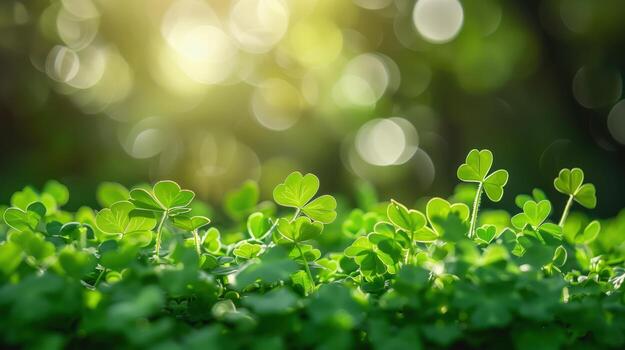 Lush green clover leaves flourishing in the wild on a sunny spring day with stunning bokeh backdrop photo