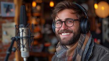 Smiling podcaster wearing headphones records a podcast in a coffee shop photo