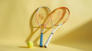 Tennis rackets casting bold shadows on a sunny yellow backdrop, with a tennis ball in the foreground photo