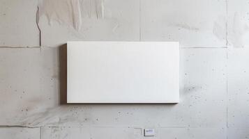 White canvas hangs elegantly on a grungy concrete wall, offering space for creative ideas. The modern, minimalist interior adds sophistication to the urban setting photo