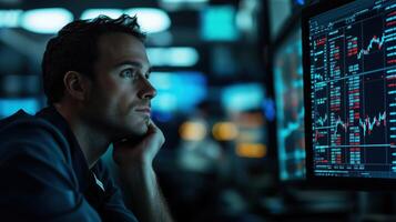 Late-night stock market broker analyzing charts and graphs on numerous computer screens photo