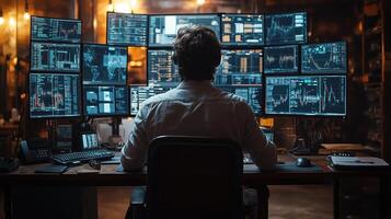 Late-night stock market broker analyzing real-time data on multiple computer screens in a dimly lit office photo