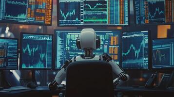 Robot works overnight, analyzing large sets of data on several computer screens photo