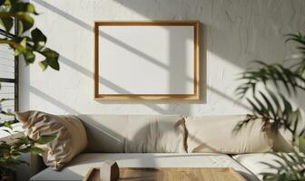 Modern and minimalist living room bathed in sunlight with a blank frame mockup on a white wall photo