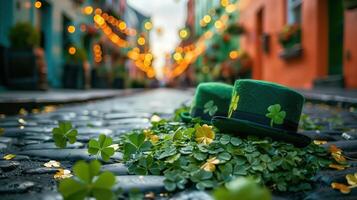 Two leprechaun hats rest on a bed of shamrocks on a cobblestone street against a festive blurred background photo