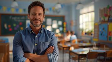 Smiling teacher poses with arms crossed in classroom as students work in the background photo