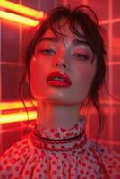 Stylish woman with red lipstick poses under vibrant neon lights, exuding confidence and allure in a trendy urban setting photo