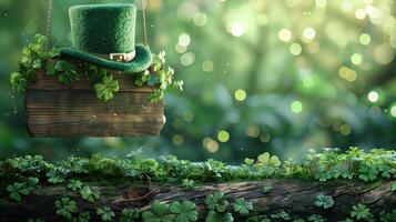 In a mystical woodland, a leprechaun's hat rests on a wooden sign adorned with shamrocks photo