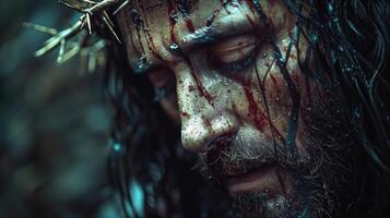 de cerca de Jesús Cristo vistiendo un corona de espinas y sufrimiento, con sangre corriendo abajo su cara foto