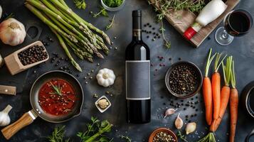 Wine bottle with blank label surrounded by fresh vegetables, herbs and spices on dark vintage background, top view photo