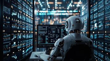 Robot analyzing data on computer screen in server room surrounded by server racks photo