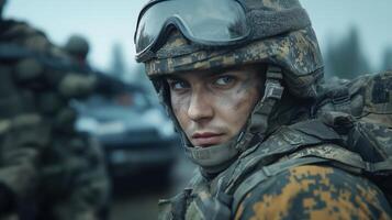 Soldier in camouflage stands with his military unit, prepared for action photo