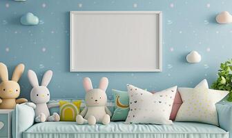 Modern baby room with a blank frame on a blue wall, complete with a comfy sofa and adorable stuffed toys photo