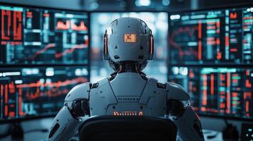 Ai-powered robot analyzing stock market data on multiple computer screens in a dimly lit office photo